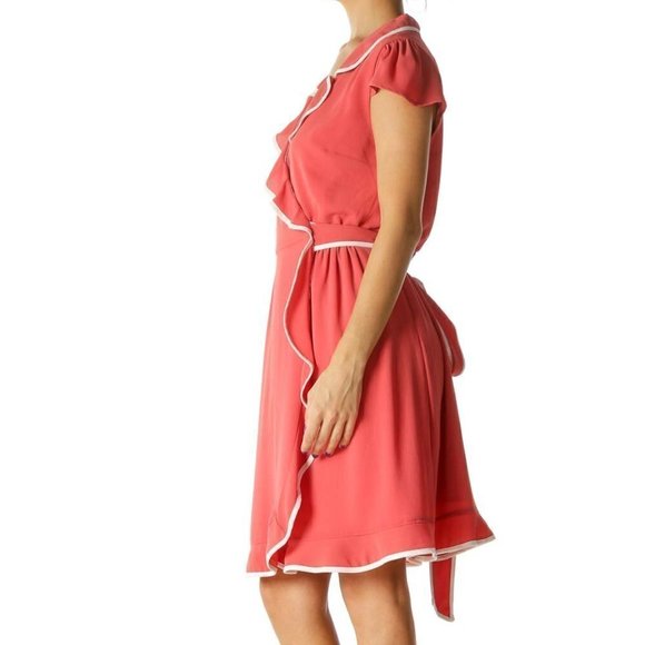 ModCloth Coral Pink White Trim Detail Ruffle Cap Sleeves Day Dress - Picture 3 of 3